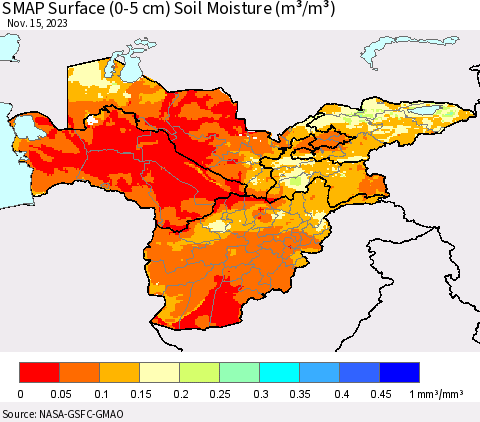 Central Asia SMAP Surface (0-5 cm) Soil Moisture (m³/m³) Thematic Map For 11/11/2023 - 11/15/2023