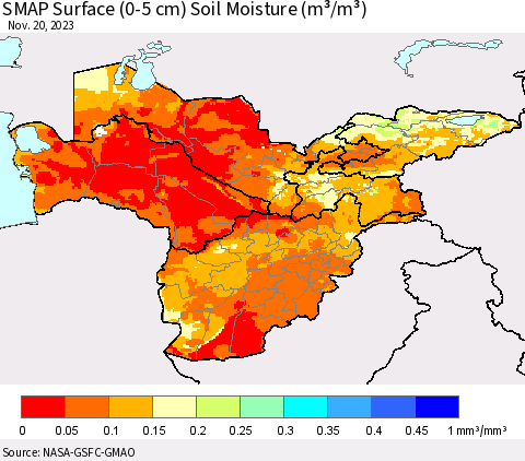 Central Asia SMAP Surface (0-5 cm) Soil Moisture (m³/m³) Thematic Map For 11/16/2023 - 11/20/2023