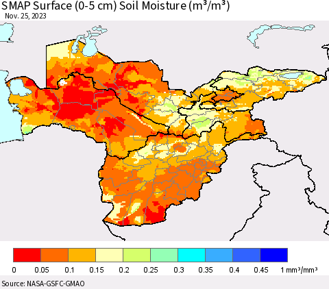 Central Asia SMAP Surface (0-5 cm) Soil Moisture (m³/m³) Thematic Map For 11/21/2023 - 11/25/2023