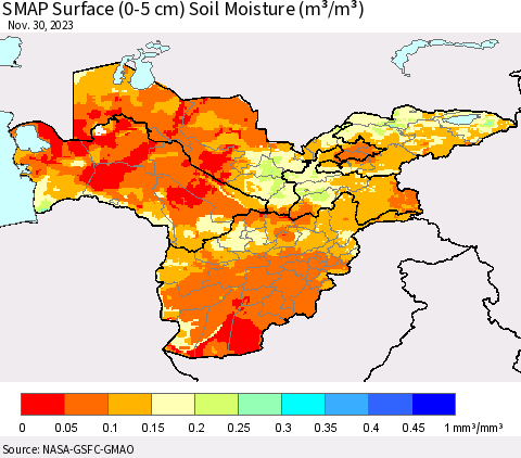 Central Asia SMAP Surface (0-5 cm) Soil Moisture (m³/m³) Thematic Map For 11/26/2023 - 11/30/2023