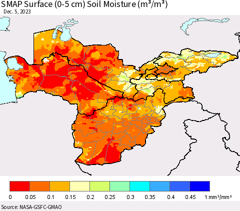 Central Asia SMAP Surface (0-5 cm) Soil Moisture (m³/m³) Thematic Map For 12/1/2023 - 12/5/2023