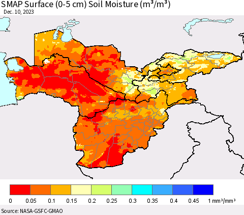 Central Asia SMAP Surface (0-5 cm) Soil Moisture (m³/m³) Thematic Map For 12/6/2023 - 12/10/2023