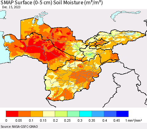 Central Asia SMAP Surface (0-5 cm) Soil Moisture (m³/m³) Thematic Map For 12/11/2023 - 12/15/2023