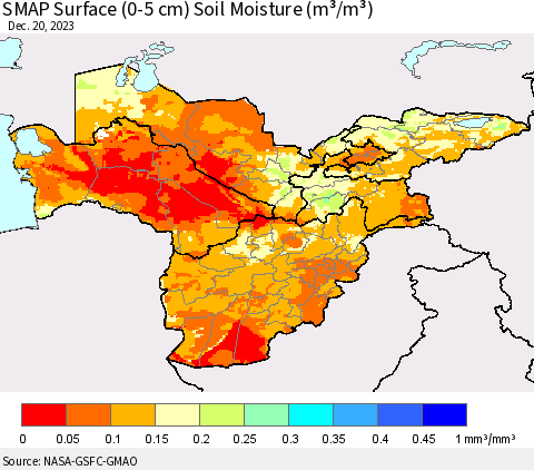 Central Asia SMAP Surface (0-5 cm) Soil Moisture (m³/m³) Thematic Map For 12/16/2023 - 12/20/2023