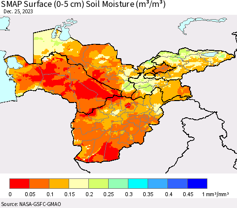 Central Asia SMAP Surface (0-5 cm) Soil Moisture (m³/m³) Thematic Map For 12/21/2023 - 12/25/2023
