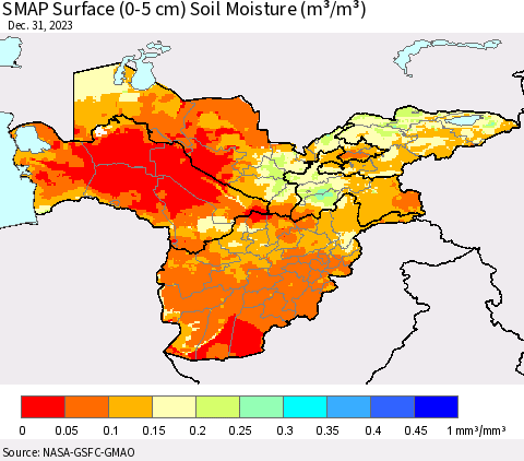 Central Asia SMAP Surface (0-5 cm) Soil Moisture (m³/m³) Thematic Map For 12/26/2023 - 12/31/2023