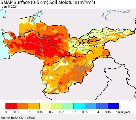 Central Asia SMAP Surface (0-5 cm) Soil Moisture (m³/m³) Thematic Map For 1/1/2024 - 1/5/2024