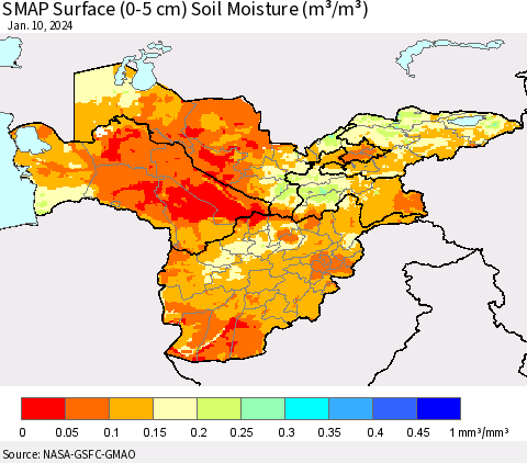 Central Asia SMAP Surface (0-5 cm) Soil Moisture (m³/m³) Thematic Map For 1/6/2024 - 1/10/2024