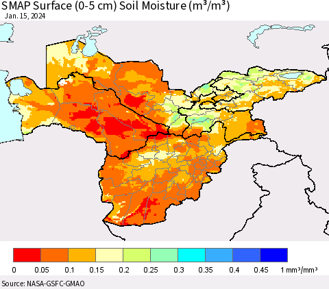Central Asia SMAP Surface (0-5 cm) Soil Moisture (m³/m³) Thematic Map For 1/11/2024 - 1/15/2024