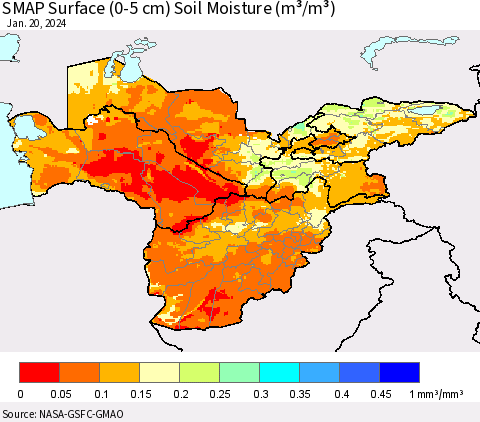 Central Asia SMAP Surface (0-5 cm) Soil Moisture (m³/m³) Thematic Map For 1/16/2024 - 1/20/2024