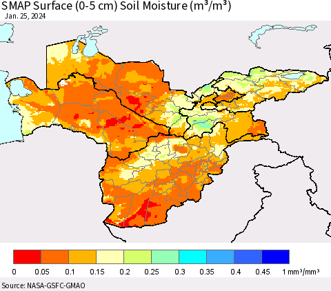 Central Asia SMAP Surface (0-5 cm) Soil Moisture (m³/m³) Thematic Map For 1/21/2024 - 1/25/2024