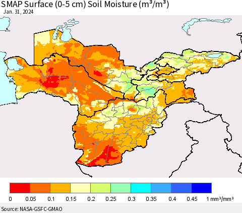 Central Asia SMAP Surface (0-5 cm) Soil Moisture (m³/m³) Thematic Map For 1/26/2024 - 1/31/2024