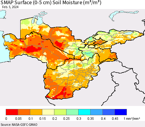 Central Asia SMAP Surface (0-5 cm) Soil Moisture (m³/m³) Thematic Map For 2/1/2024 - 2/5/2024