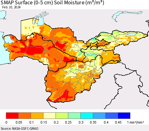 Central Asia SMAP Surface (0-5 cm) Soil Moisture (m³/m³) Thematic Map For 2/6/2024 - 2/10/2024