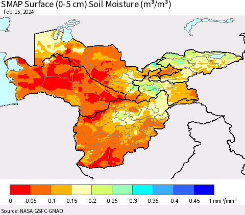 Central Asia SMAP Surface (0-5 cm) Soil Moisture (m³/m³) Thematic Map For 2/11/2024 - 2/15/2024