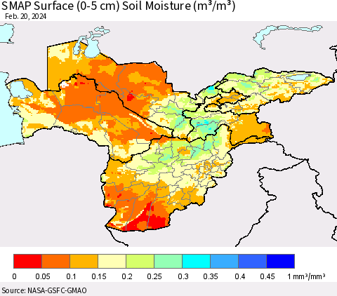 Central Asia SMAP Surface (0-5 cm) Soil Moisture (m³/m³) Thematic Map For 2/16/2024 - 2/20/2024
