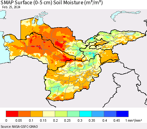 Central Asia SMAP Surface (0-5 cm) Soil Moisture (m³/m³) Thematic Map For 2/21/2024 - 2/25/2024