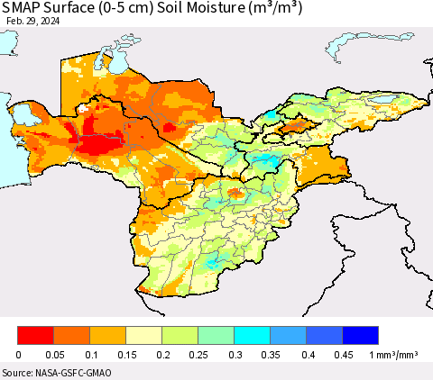 Central Asia SMAP Surface (0-5 cm) Soil Moisture (m³/m³) Thematic Map For 2/26/2024 - 2/29/2024
