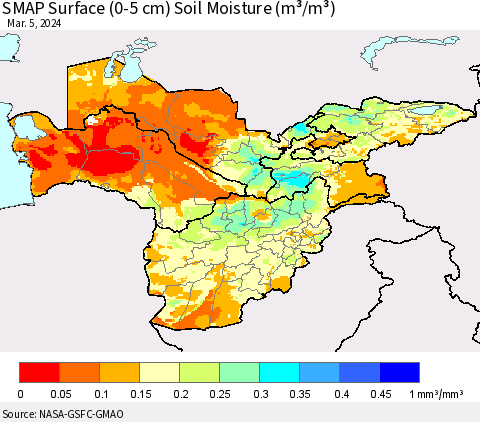 Central Asia SMAP Surface (0-5 cm) Soil Moisture (m³/m³) Thematic Map For 3/1/2024 - 3/5/2024
