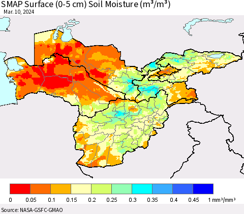Central Asia SMAP Surface (0-5 cm) Soil Moisture (m³/m³) Thematic Map For 3/6/2024 - 3/10/2024