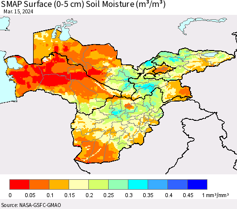 Central Asia SMAP Surface (0-5 cm) Soil Moisture (m³/m³) Thematic Map For 3/11/2024 - 3/15/2024