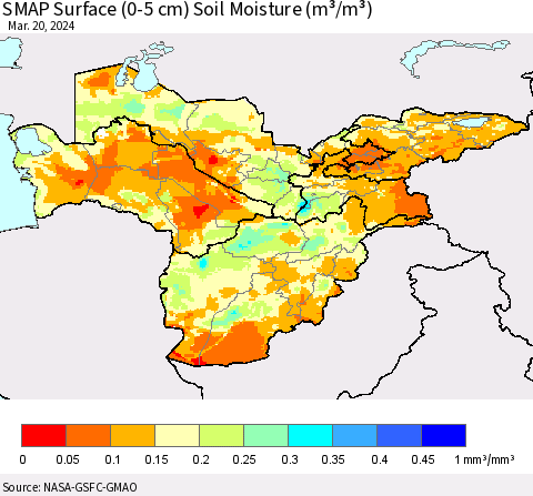 Central Asia SMAP Surface (0-5 cm) Soil Moisture (m³/m³) Thematic Map For 3/16/2024 - 3/20/2024