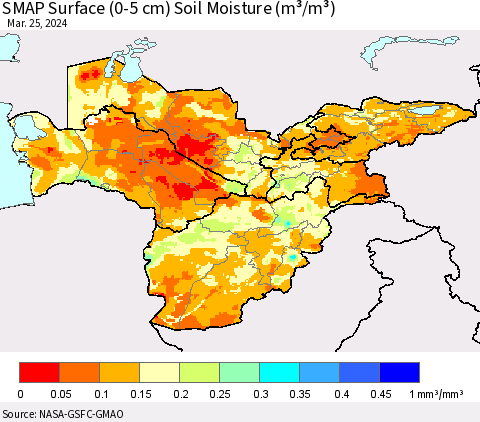 Central Asia SMAP Surface (0-5 cm) Soil Moisture (m³/m³) Thematic Map For 3/21/2024 - 3/25/2024