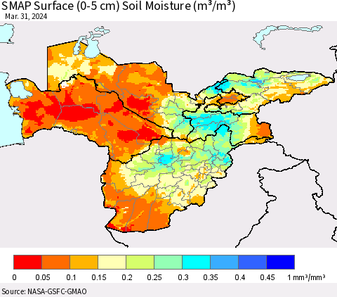 Central Asia SMAP Surface (0-5 cm) Soil Moisture (m³/m³) Thematic Map For 3/26/2024 - 3/31/2024
