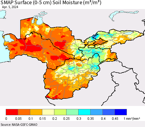 Central Asia SMAP Surface (0-5 cm) Soil Moisture (m³/m³) Thematic Map For 4/1/2024 - 4/5/2024