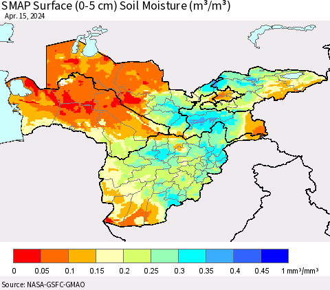 Central Asia SMAP Surface (0-5 cm) Soil Moisture (m³/m³) Thematic Map For 4/11/2024 - 4/15/2024