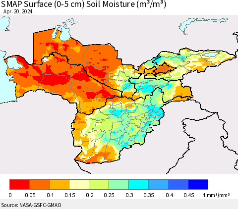 Central Asia SMAP Surface (0-5 cm) Soil Moisture (m³/m³) Thematic Map For 4/16/2024 - 4/20/2024