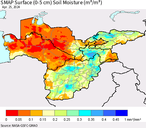 Central Asia SMAP Surface (0-5 cm) Soil Moisture (m³/m³) Thematic Map For 4/21/2024 - 4/25/2024