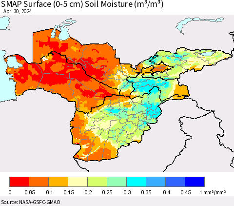 Central Asia SMAP Surface (0-5 cm) Soil Moisture (m³/m³) Thematic Map For 4/26/2024 - 4/30/2024