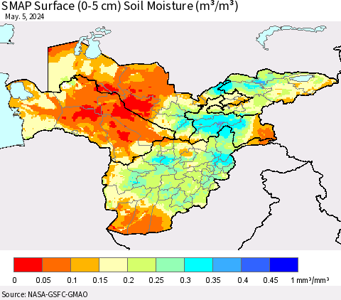Central Asia SMAP Surface (0-5 cm) Soil Moisture (m³/m³) Thematic Map For 5/1/2024 - 5/5/2024