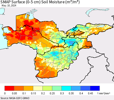 Central Asia SMAP Surface (0-5 cm) Soil Moisture (m³/m³) Thematic Map For 5/6/2024 - 5/10/2024