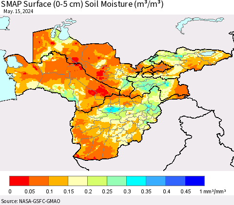 Central Asia SMAP Surface (0-5 cm) Soil Moisture (m³/m³) Thematic Map For 5/11/2024 - 5/15/2024