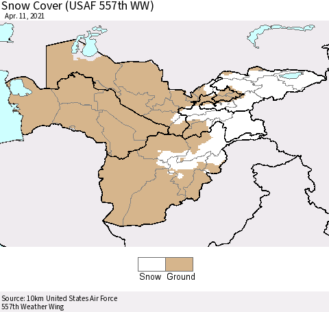 Central Asia Snow Cover (USAF 557th WW) Thematic Map For 4/5/2021 - 4/11/2021