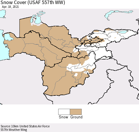 Central Asia Snow Cover (USAF 557th WW) Thematic Map For 4/12/2021 - 4/18/2021