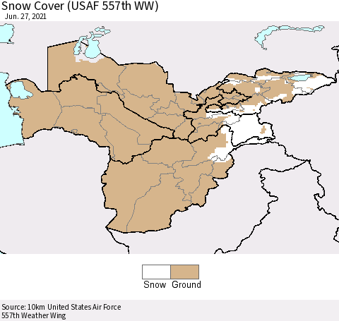 Central Asia Snow Cover (USAF 557th WW) Thematic Map For 6/21/2021 - 6/27/2021