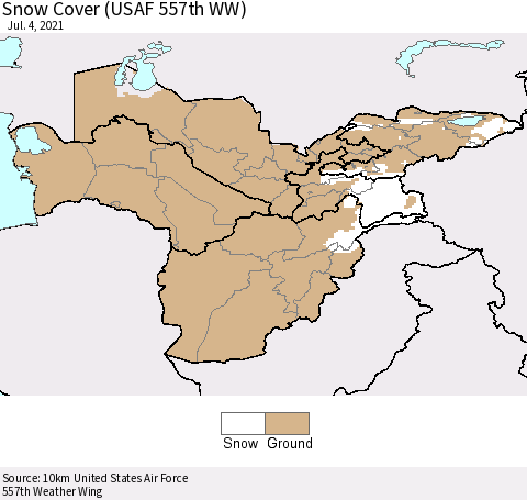 Central Asia Snow Cover (USAF 557th WW) Thematic Map For 6/28/2021 - 7/4/2021