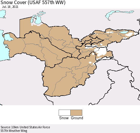 Central Asia Snow Cover (USAF 557th WW) Thematic Map For 7/12/2021 - 7/18/2021