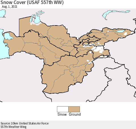Central Asia Snow Cover (USAF 557th WW) Thematic Map For 7/26/2021 - 8/1/2021