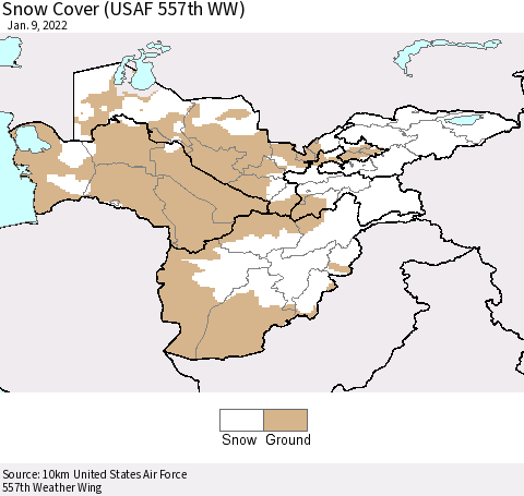 Central Asia Snow Cover (USAF 557th WW) Thematic Map For 1/3/2022 - 1/9/2022