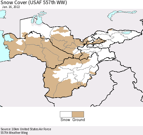 Central Asia Snow Cover (USAF 557th WW) Thematic Map For 1/10/2022 - 1/16/2022