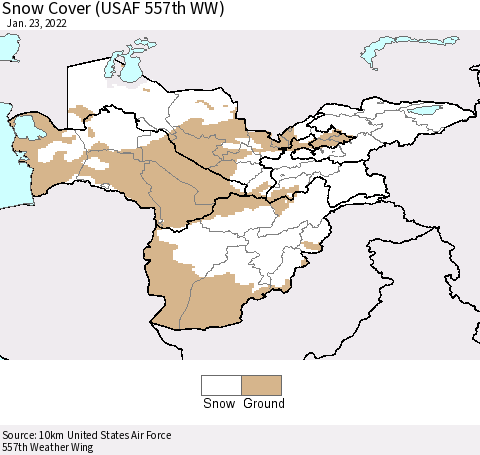 Central Asia Snow Cover (USAF 557th WW) Thematic Map For 1/17/2022 - 1/23/2022