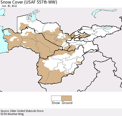 Central Asia Snow Cover (USAF 557th WW) Thematic Map For 1/24/2022 - 1/30/2022