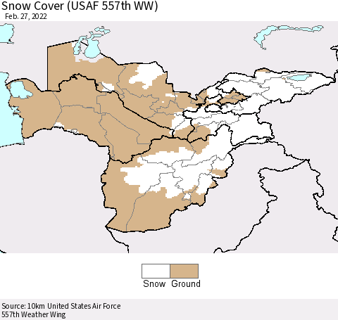 Central Asia Snow Cover (USAF 557th WW) Thematic Map For 2/21/2022 - 2/27/2022