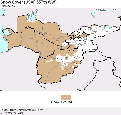 Central Asia Snow Cover (USAF 557th WW) Thematic Map For 3/21/2022 - 3/27/2022