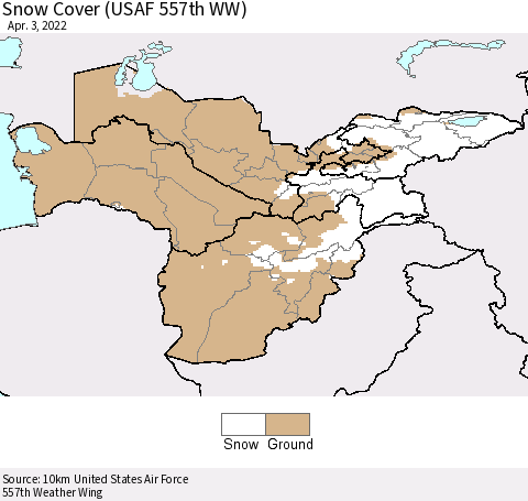 Central Asia Snow Cover (USAF 557th WW) Thematic Map For 3/28/2022 - 4/3/2022