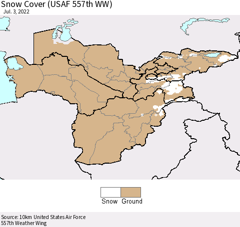 Central Asia Snow Cover (USAF 557th WW) Thematic Map For 6/27/2022 - 7/3/2022
